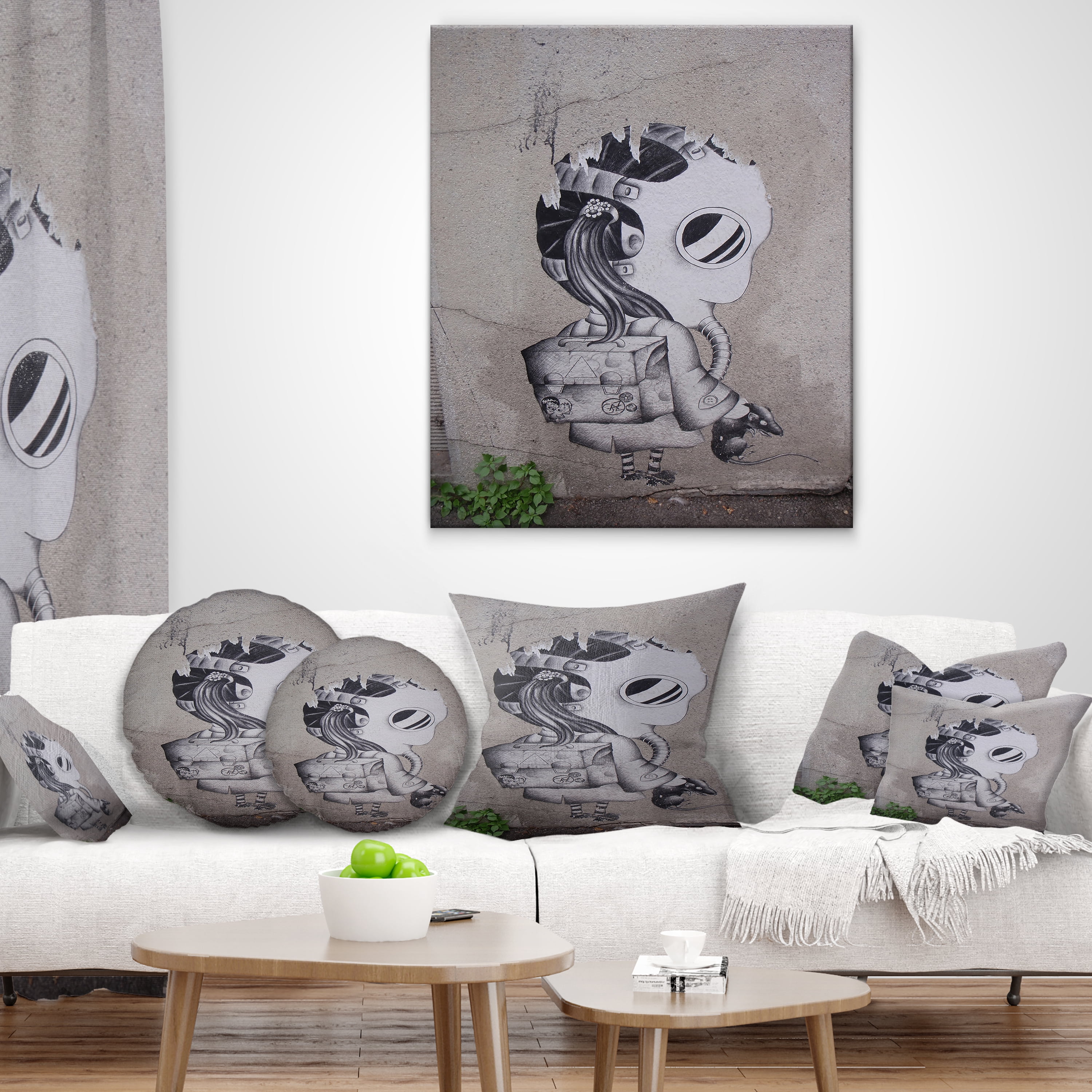 Designart Rat Catcher Robot - Street Art Throw Pillow - 12x20