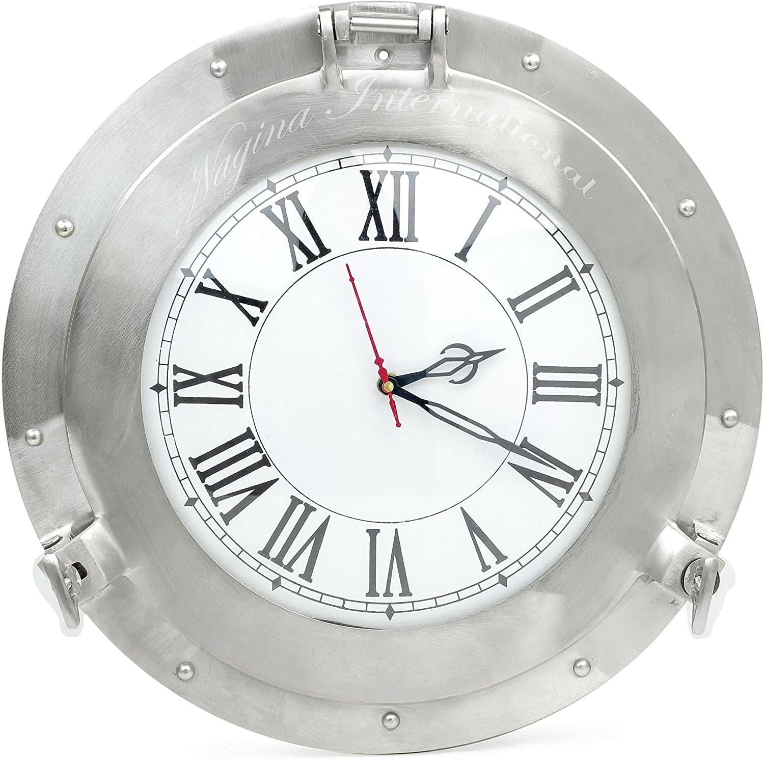 Nagina International Brushed Nickel Aluminum Metal Roman Porthole Clock  Nautical Navy Decor Gifts (12 Inches)
