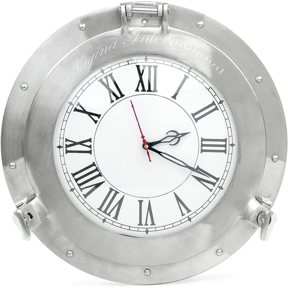 Nagina International Brushed Nickel Aluminum Metal Roman Porthole Clock | Nautical Navy Decor Gifts (17 Inches)