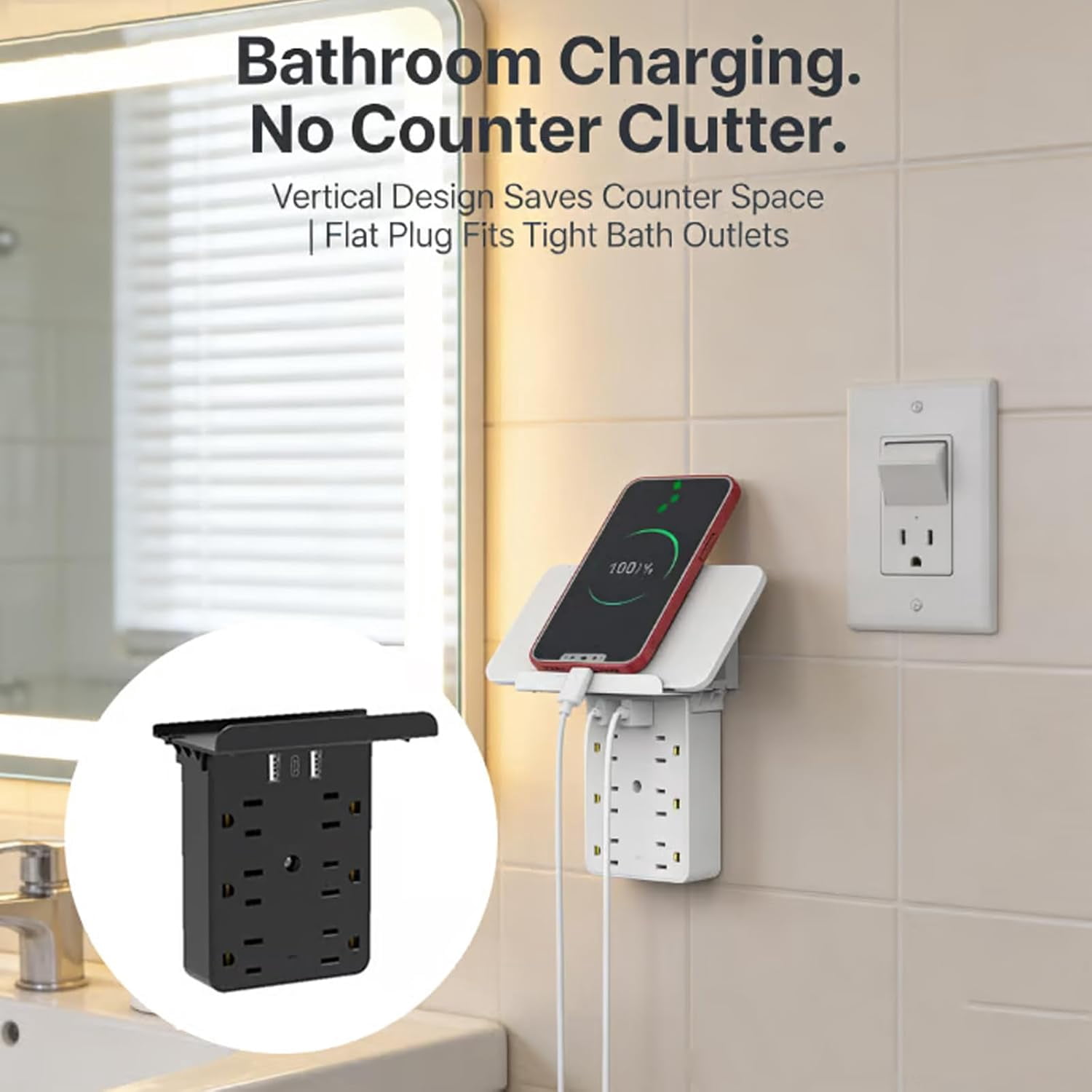 Multi-Functional Power Strip with Panel, 2026 New Wall Outlet Extender with Shelf, USB Ports + USB-C,for Homes Office and Dormitories