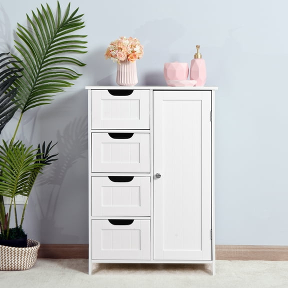 Bathroom Floor Cabinet,Free Standing Side Storage Cabinet with 4 Drawers and 1 Cupboard,White