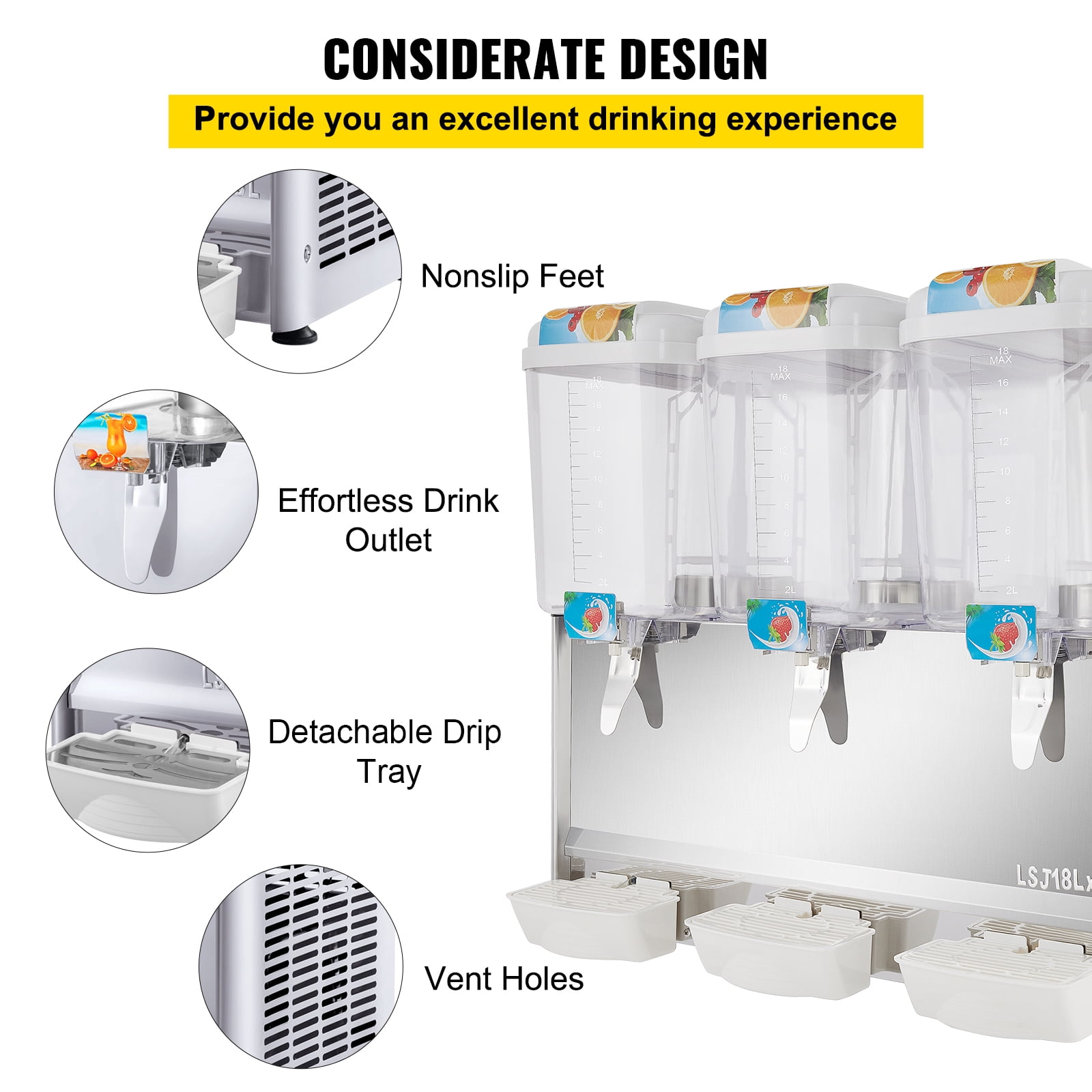 VEVOR Commercial Beverage Dispenser, 14.25 gal, 18L 3 Tanks Ice Tea Drink Machine, 680W 304 Stainless Steel Juice Dispenser with 41°F-53.6°F