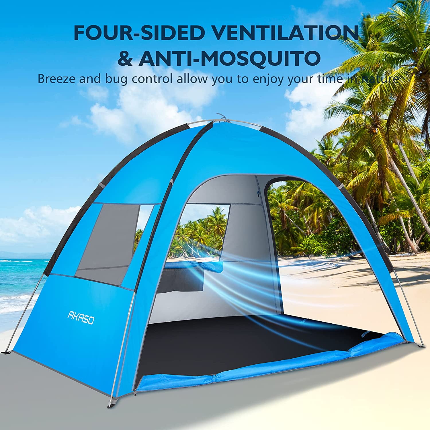 AKASO Anti UV Pop Up Beach Tent - Ventilated Automatic Tent with Windows - AKASO Portable Beach Tent for 3-4 Person, UPF 50+, 7.4\u0027 x 4.7
