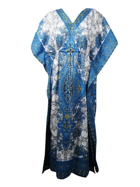 Mogul Women Blue White Printed Maxi Caftan Boho Chic Summer Comfy Cover Up Resort Wear Long Kaftan Dress One Size