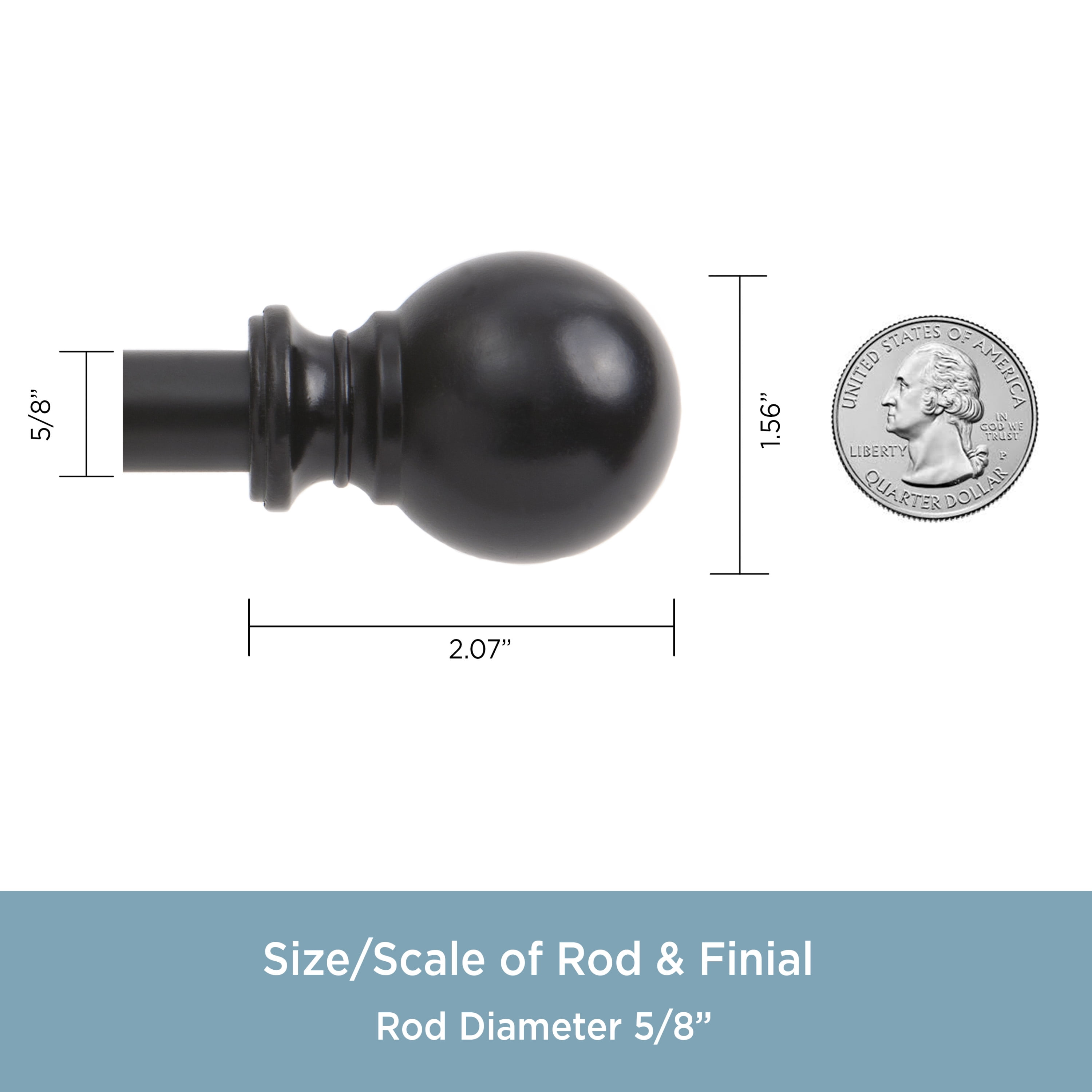 Kenney Ball 5/8" Standard Decorative Window Double Curtain Rod, 36-66", Matte Black