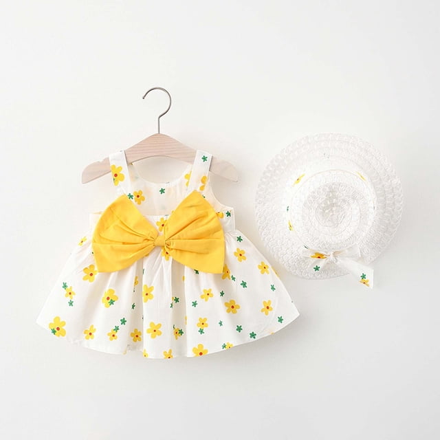 LSLJS Robe à Bretelles d'Été pour Tout-Petits, Enfants, Bébé Fille avec Imprimé Nœud et Chapeau, Robes pour Filles
