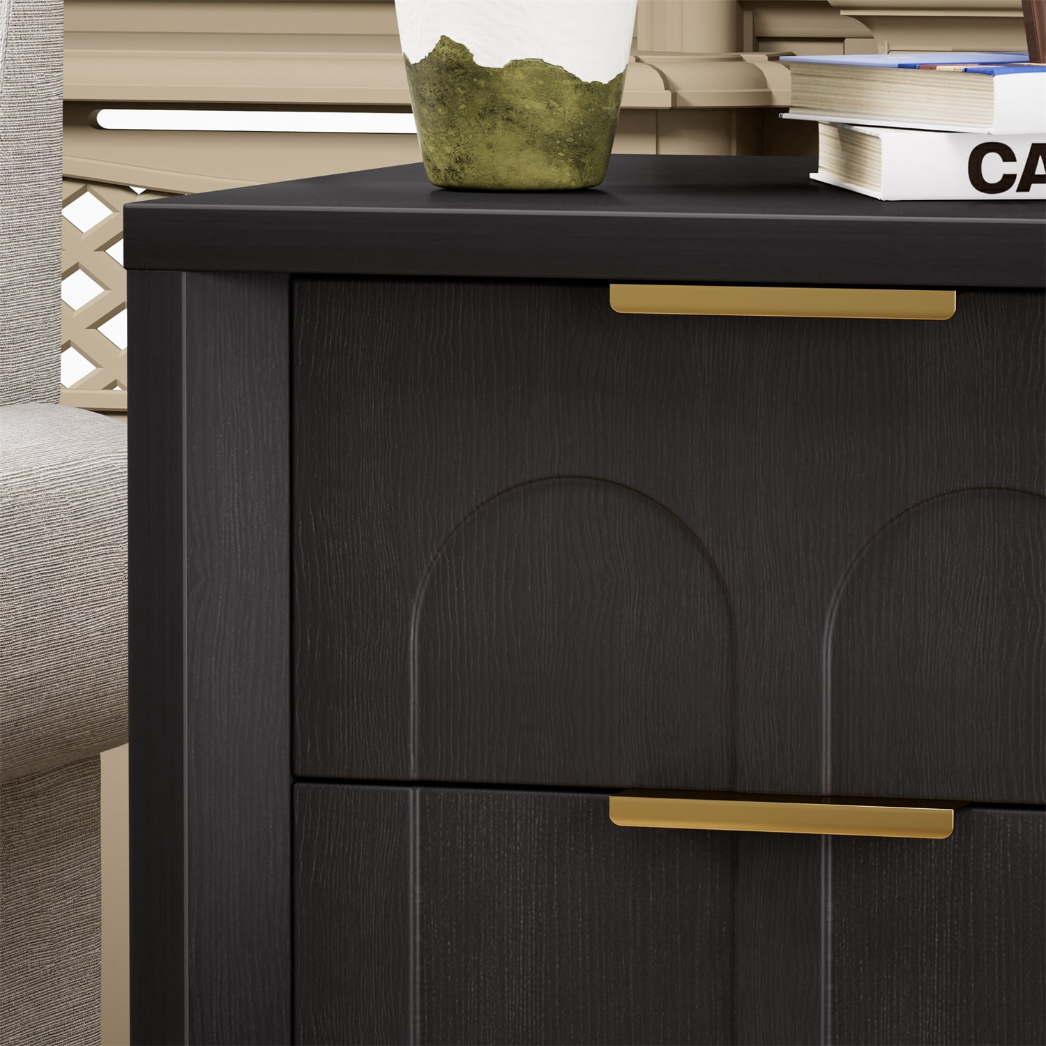 Hommoo 2-Pack Modern Nightstands with Arched Drawer Fronts, 3-Drawer Storage Side Tables with Gold-Tone Metal Handles for Bedroom, Living Room or Office, Black
