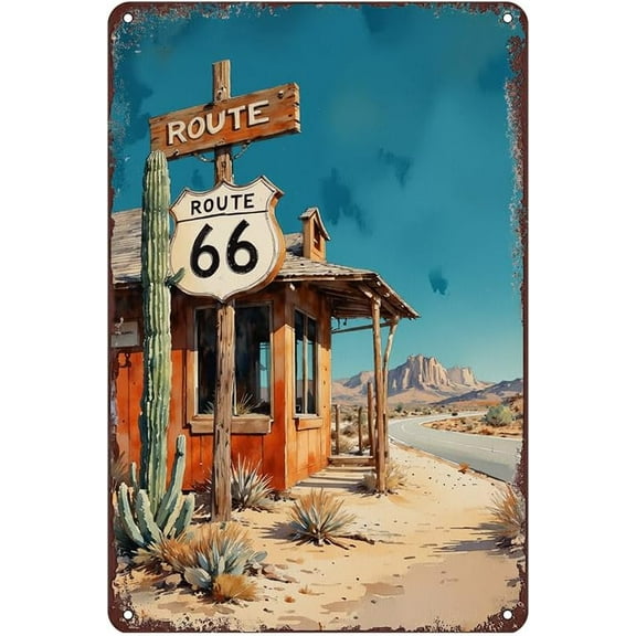 Route 66 Highway Tin Sign - Metal 12x8 Inch Retro Rustic Wall Art for Living Room, Workshop, Patio, Gift for Travelers and Motorcycle Fans