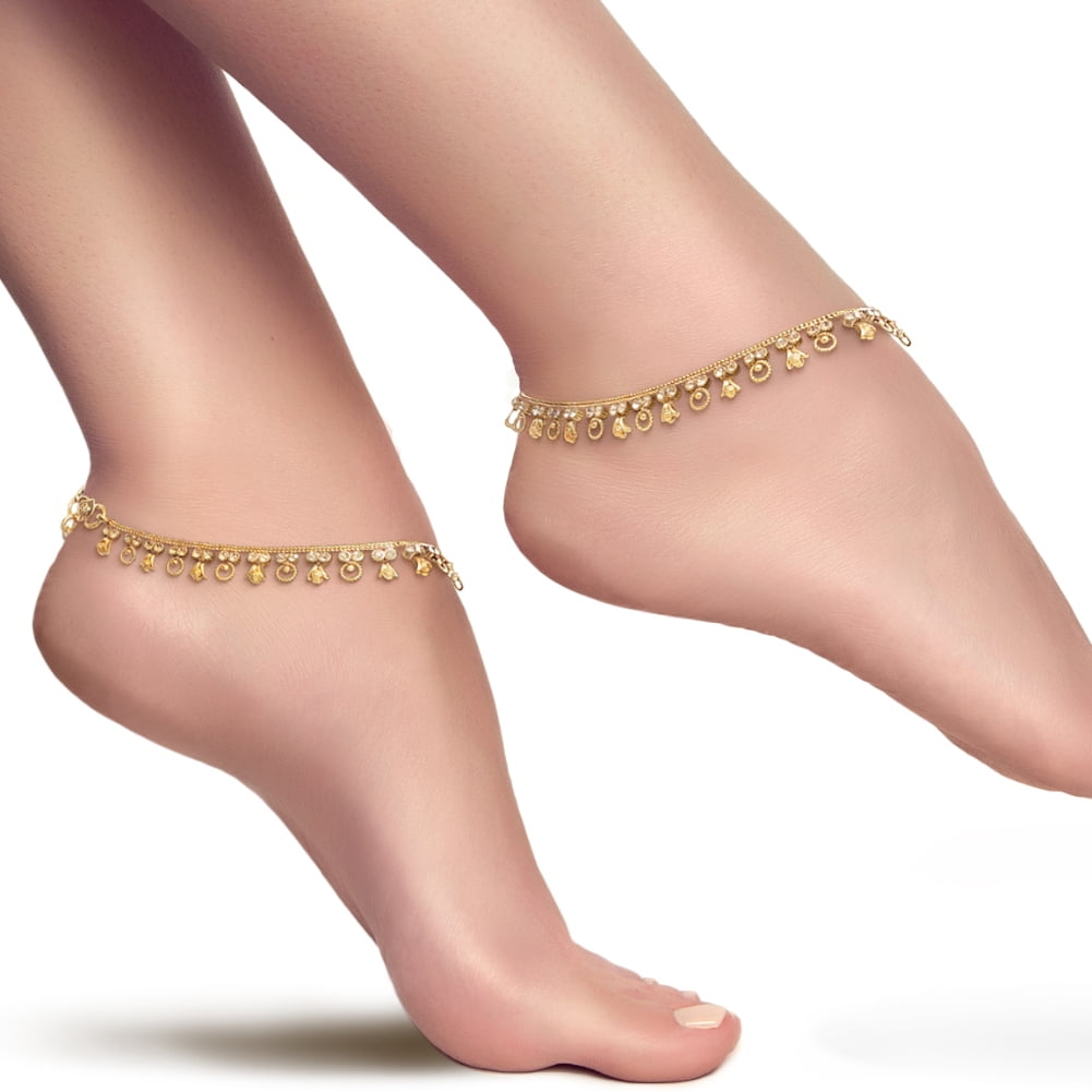 Duel On Jewel Indian Payal Bell Anklet Set for Women with Circular Hanging Charms, Dainty Chain Design, Cubic Zircon, Comfort Fit, Gold Plated, 10.38-Inch, Ideal for Everyday Wear,