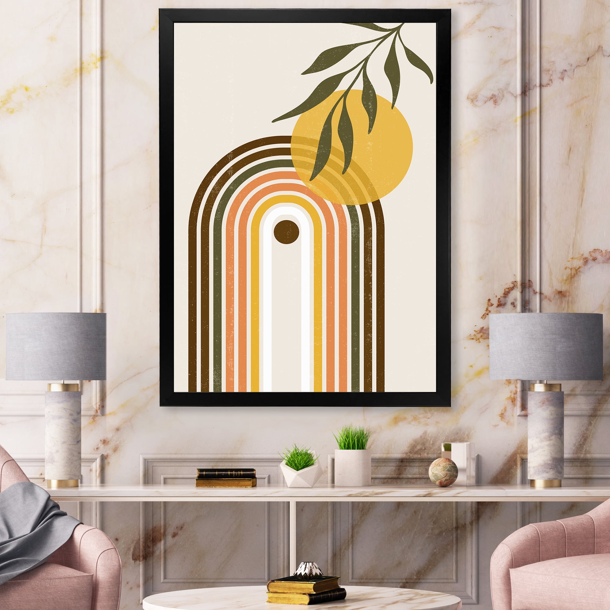 Designart 'Abstract Retro Rainbow With Yellow Sun' Modern Framed Art Print