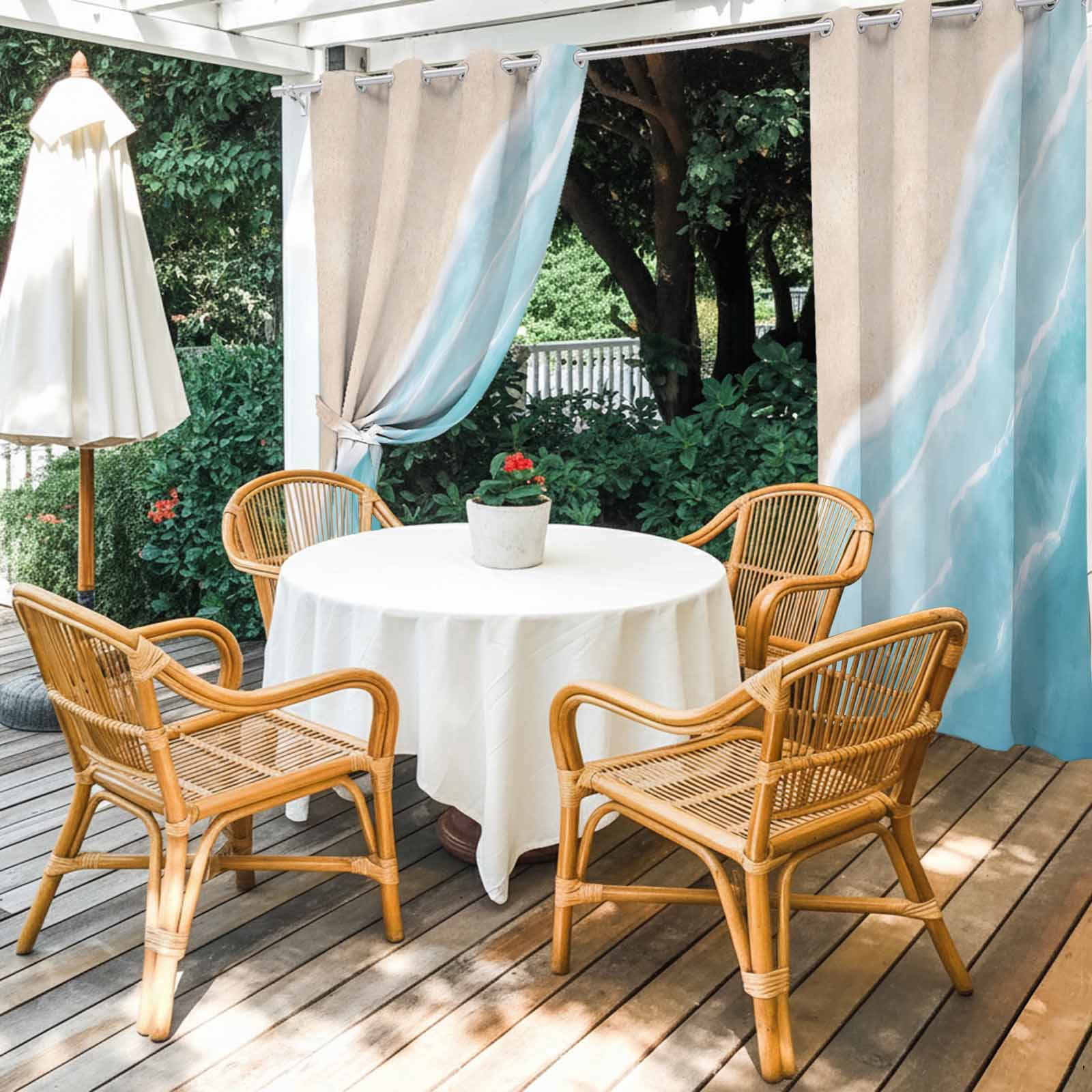 Summer Blue Beach Wave Outdoor Curtains for Patio, Coastal Nautical Watercolor Gradient Ocean Sunshade Privacy Drapes Grommet Waterproof Outside Curtains for Porch/Cabana/Balcony 54"x 108", 1 Panel