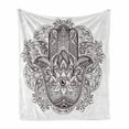 thumbnail image 1 of Hamsa Soft Flannel Fleece Throw Blanket, Hand Drawn Motifs from Middle Eastern Folklore Sketch Style Swirls, Cozy Plush for Indoor and Outdoor Use, 50" x 60", Dark Brown and White, by Ambesonne, 1 of 6