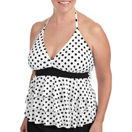 Catalina Women's Plus-Size Fashion Tiered Ruffled Polka Dot Halter Tankini Top With Sewn-in Bra Cups