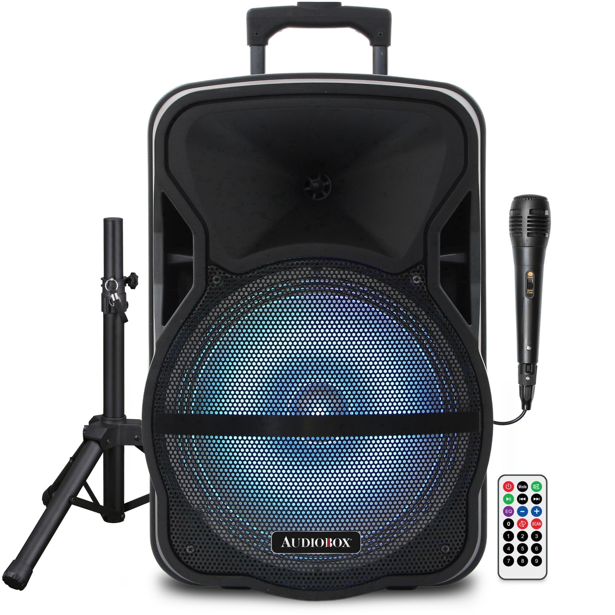 Audiobox ABX-12S 12" Portable Bluetooth PA Speaker w/Stand & Mic, USB, TF, FM, AUX, 1/4" Mic Jack, Rechargeable Battery, Trolley Handle & Wheels, Perfect for DJ, Parties, & Events