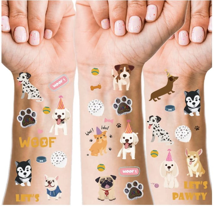 Cute Dog Temporary Tattoos 66 Glitter Styles Let's Pawty Puppy