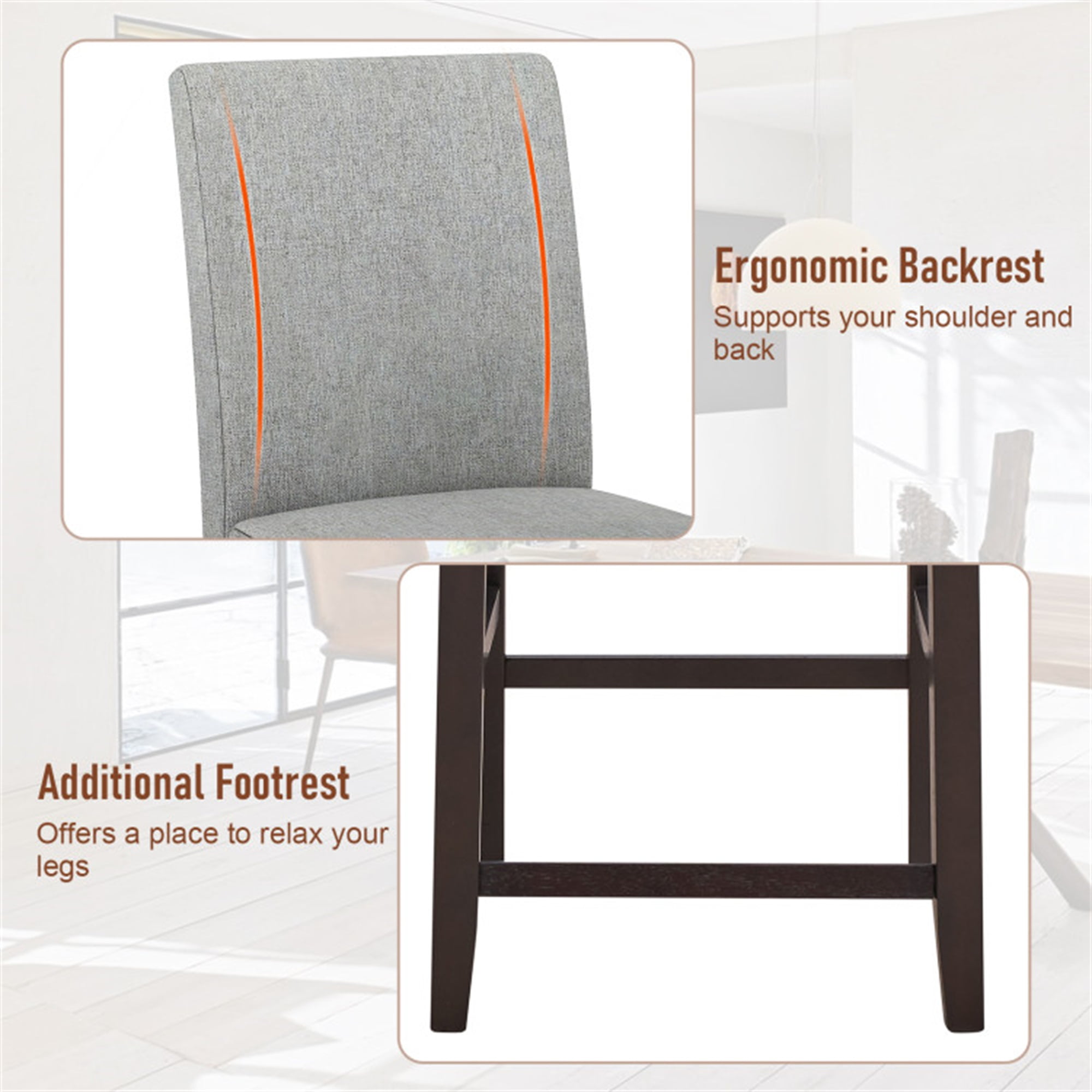 Demi Bonn 25" Set of 2 Counter Height Bar Stools, Modern Dining Chair with Backrests, Gray