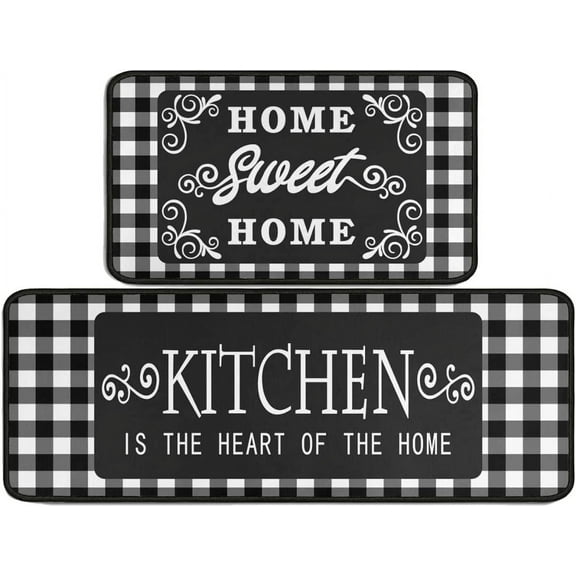 Black and White Buffalo Plaid Kitchen Mat Set of 2, Non Slip Washable Home Decor Kitchen Rugs and Mats for Floor Comfort Standing Mats for Kitchen, Sink, Office, Laundry 17"x47" 17"x30"