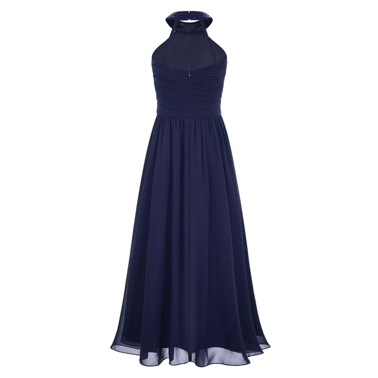 iiniim Kids Halter Neck Flower Girl Dress Ruched Junior Bridesmaid Wedding  Party Chiffon Maxi Long Gown A Navy Blue 14 - Walmart.com