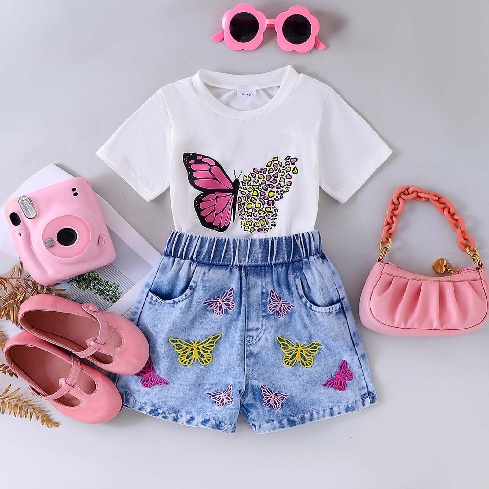 Utlike Girls Outfit Denim Shorts Sets Summer Print White T Shirt & Stretch Denim Shorts Set 2 Piece Casual Outfit For Toddler Kids Size 6 Years-7 Years