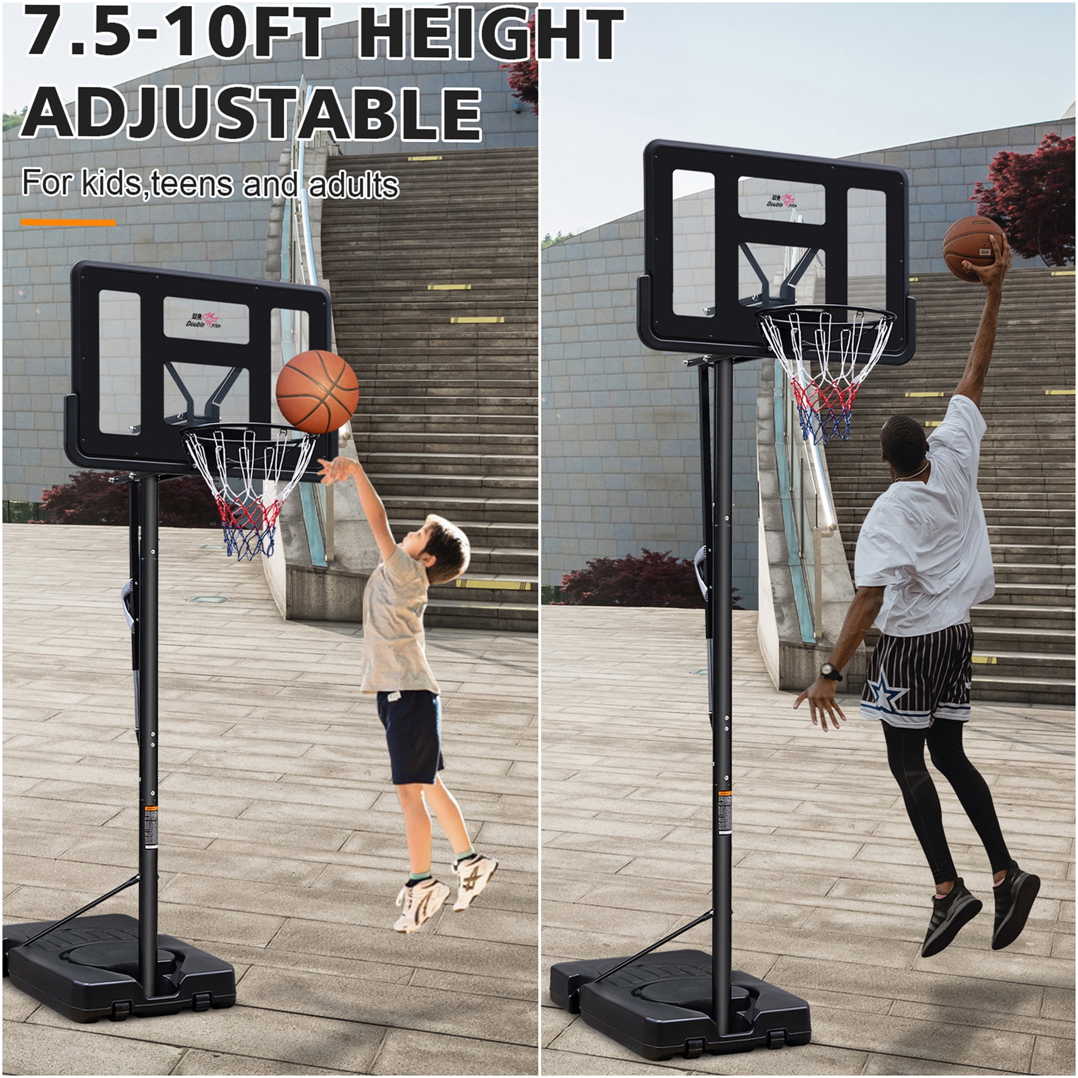 JERFIT 44" Portable Basketball Hoop System, Adjustable Height 7.5-10 ft, Stable Fillable Base with Wheels for Outdoor, Indoor, Backyard, Pool Use