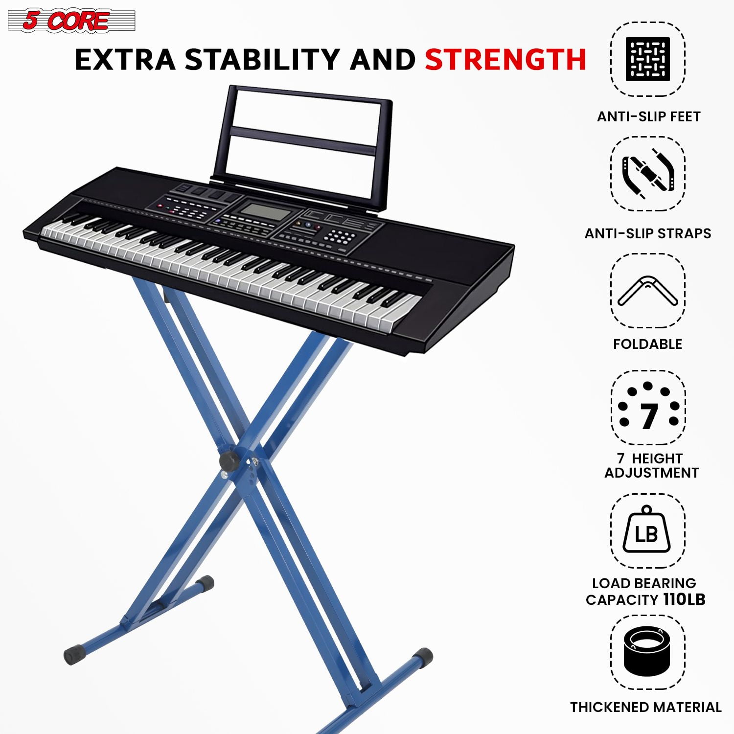 Piano Keyboard Stand Double X Style Heavy Duty Adjustable Digital Electric Piano Riser Durable & Sturdy Music Synthesizer Holder Stands For 61 76 88 Keys w Secure Locking Strap - KS 2X Blue