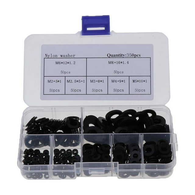 Juego de 350 arandelas planas de nailon surtidas, surtido de cuñas, tamaños 0,5, 4, M5, M6 y M8 Negro