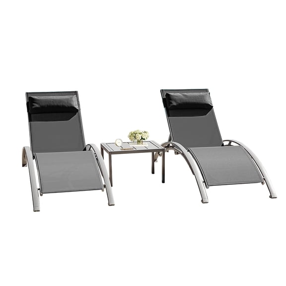 Dark Gray Aluminum Pool Lounge Chairs Set of 2   Table - 5-Position Adjustable, Textilene Fabric, Weather-Resistant (34.17Lbs)