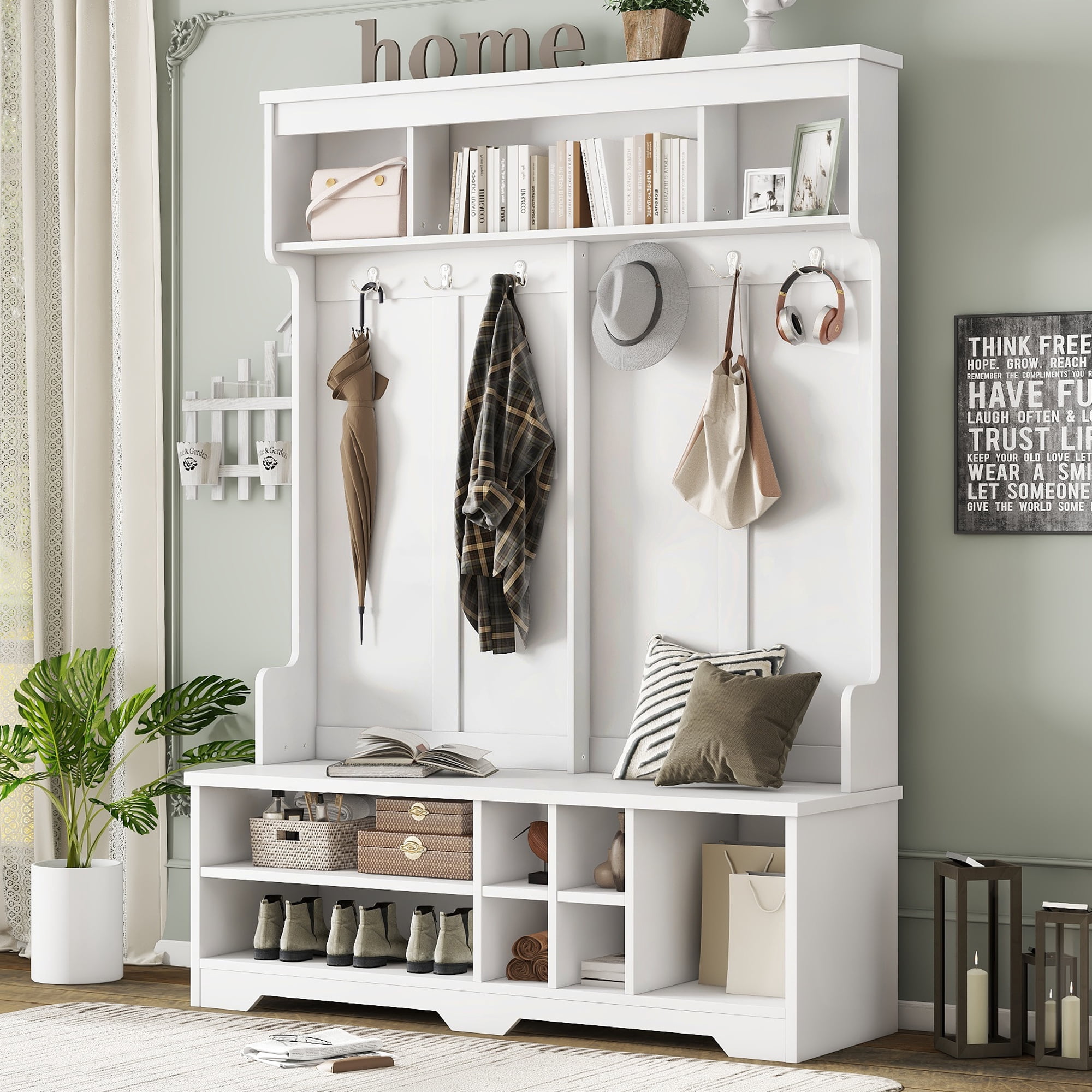 Mintazer Hall Tree with Coat Hooks, Multifunctional Entryway Shoe Storage Bench and Upper Open Cubbies for Living Room Mudroom Hallway, White