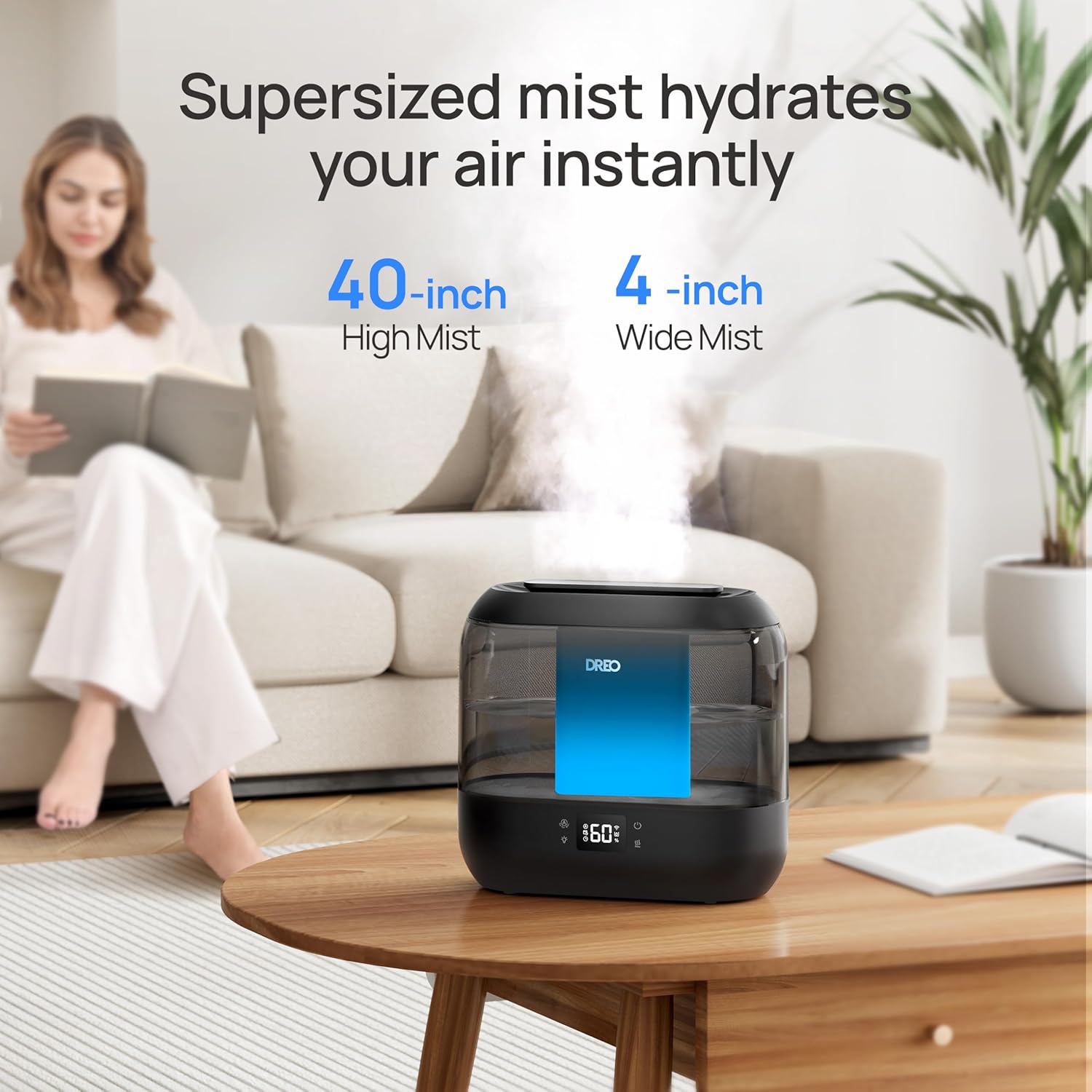 Humidifier for Bedroom, Top Fill 4L Large Room with 28dB Quiet, 36H Runtime, Touch/APP/Voice Control, Cool Mist for Plants