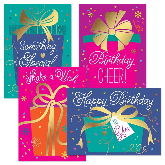 Current Deluxe Boxes N Bows Birthday Cards, Set of 8, 2 each of 4 designs, Envelopes included, For Kids & Adults, Large 5" x 7" Greetings Cards, Printed in the USA