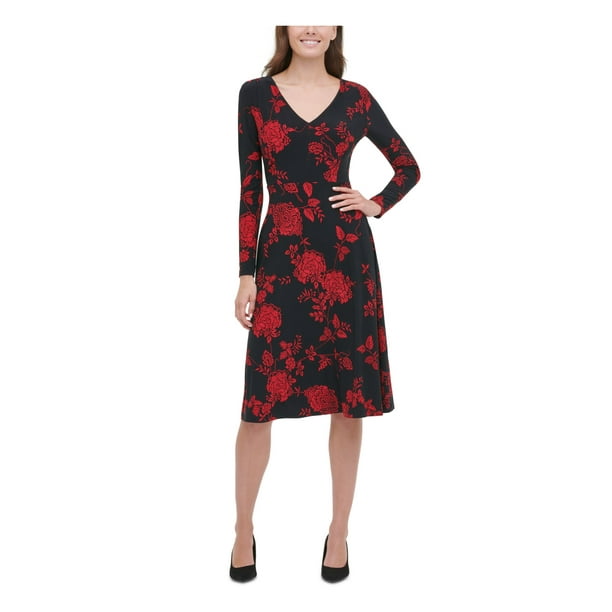 Tommy Hilfiger TOMMY HILFIGER Womens Black Floral Long Sleeve V Neck