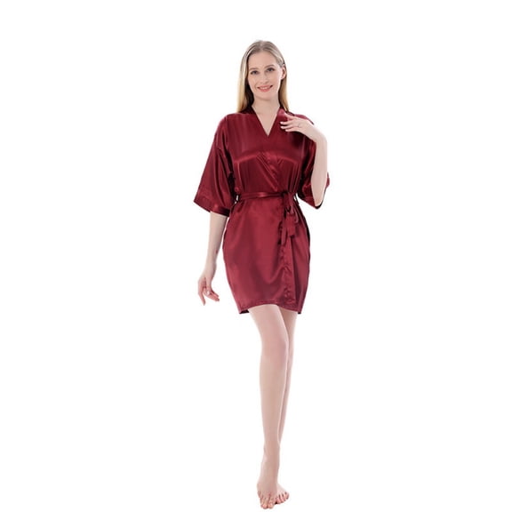 LYMAYTER M-2XL Women Fashion Bathrobe Summer Cozy Satin Robe Solid Color Kimono Sleepwear with Pocket