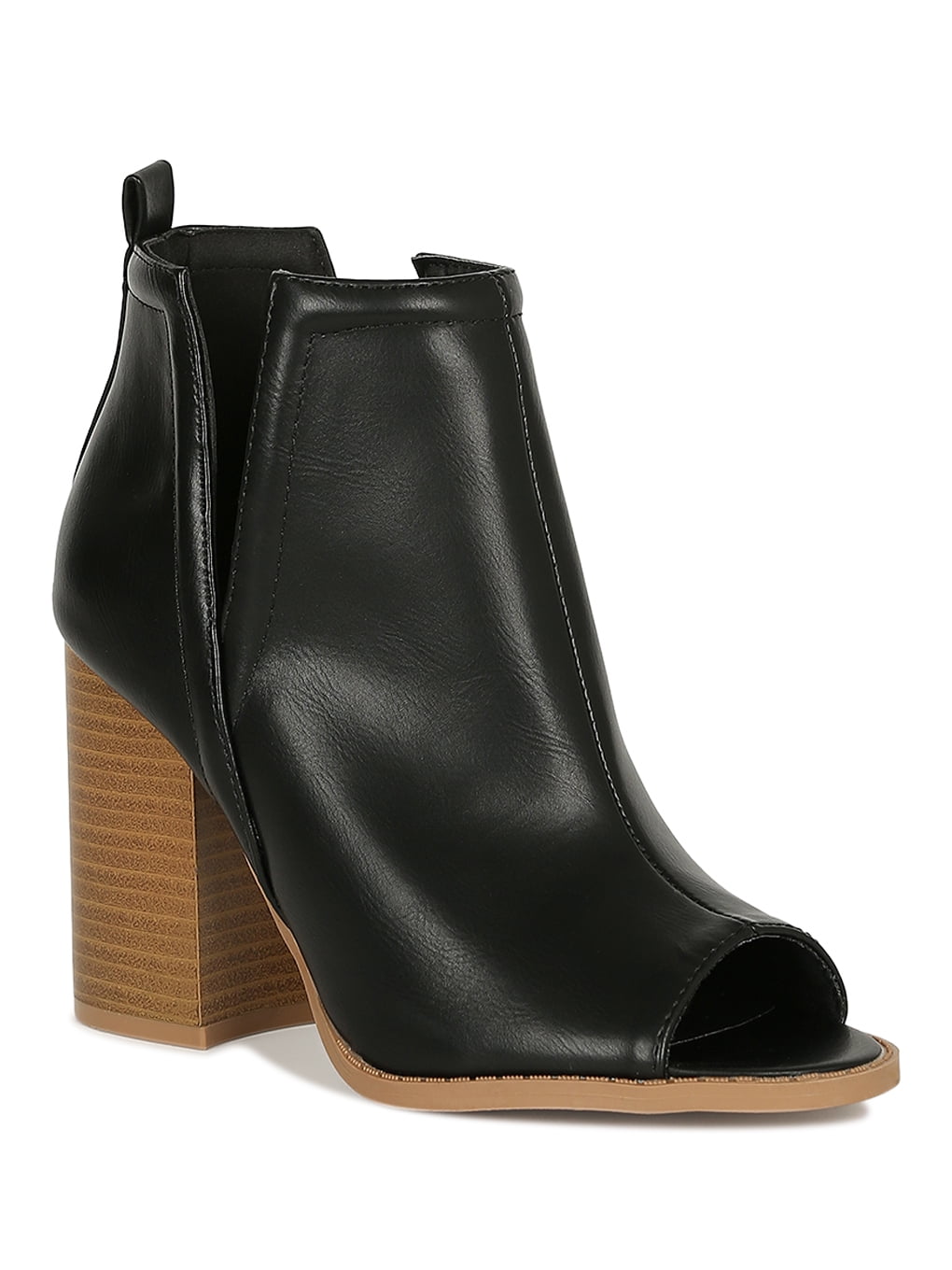 peep toe cross strap chunky heeled boots