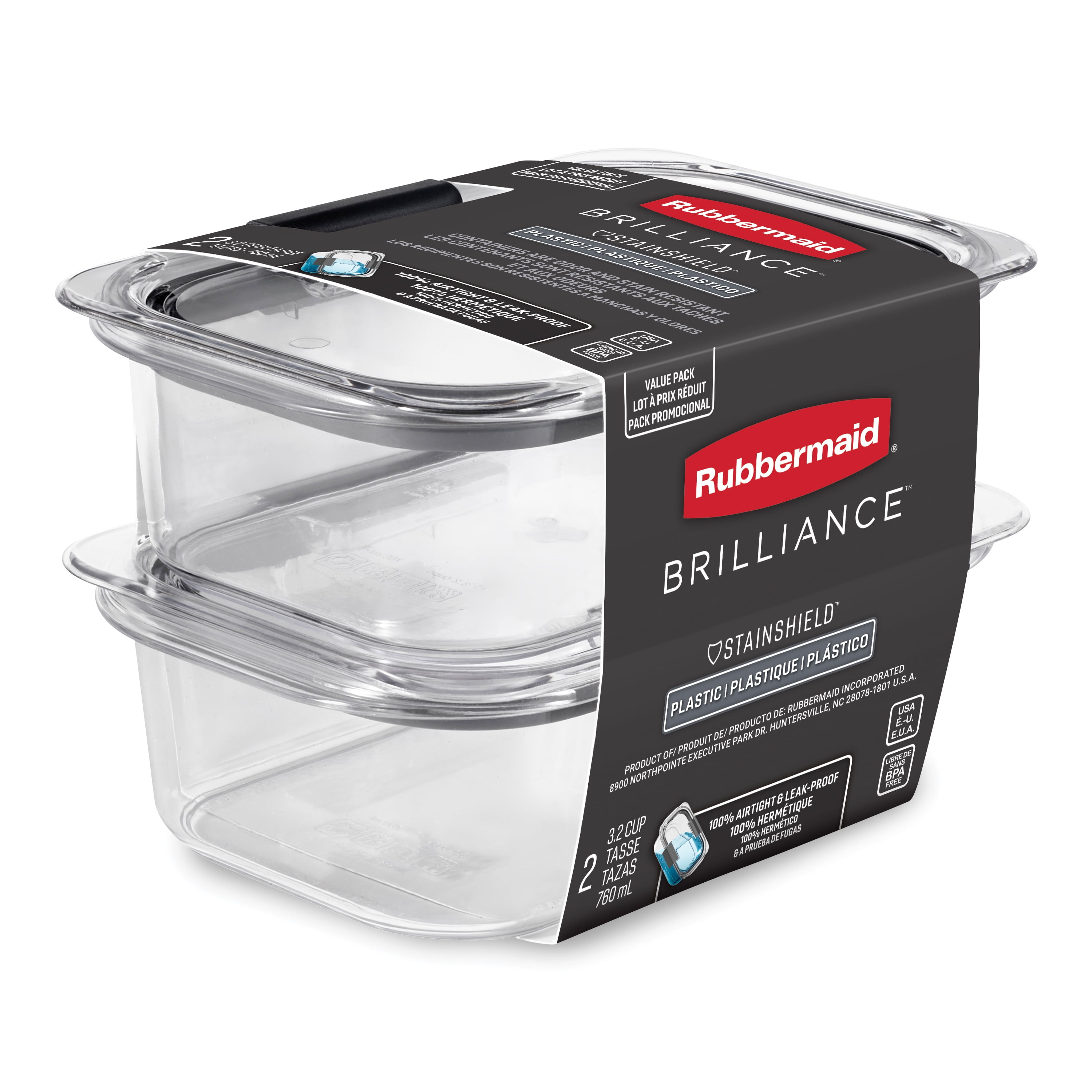 RUBBERMAID 2183406 Brilliance Glass Set of 2 Medium Food Storage Containers,  3.2 Cup Rectangle