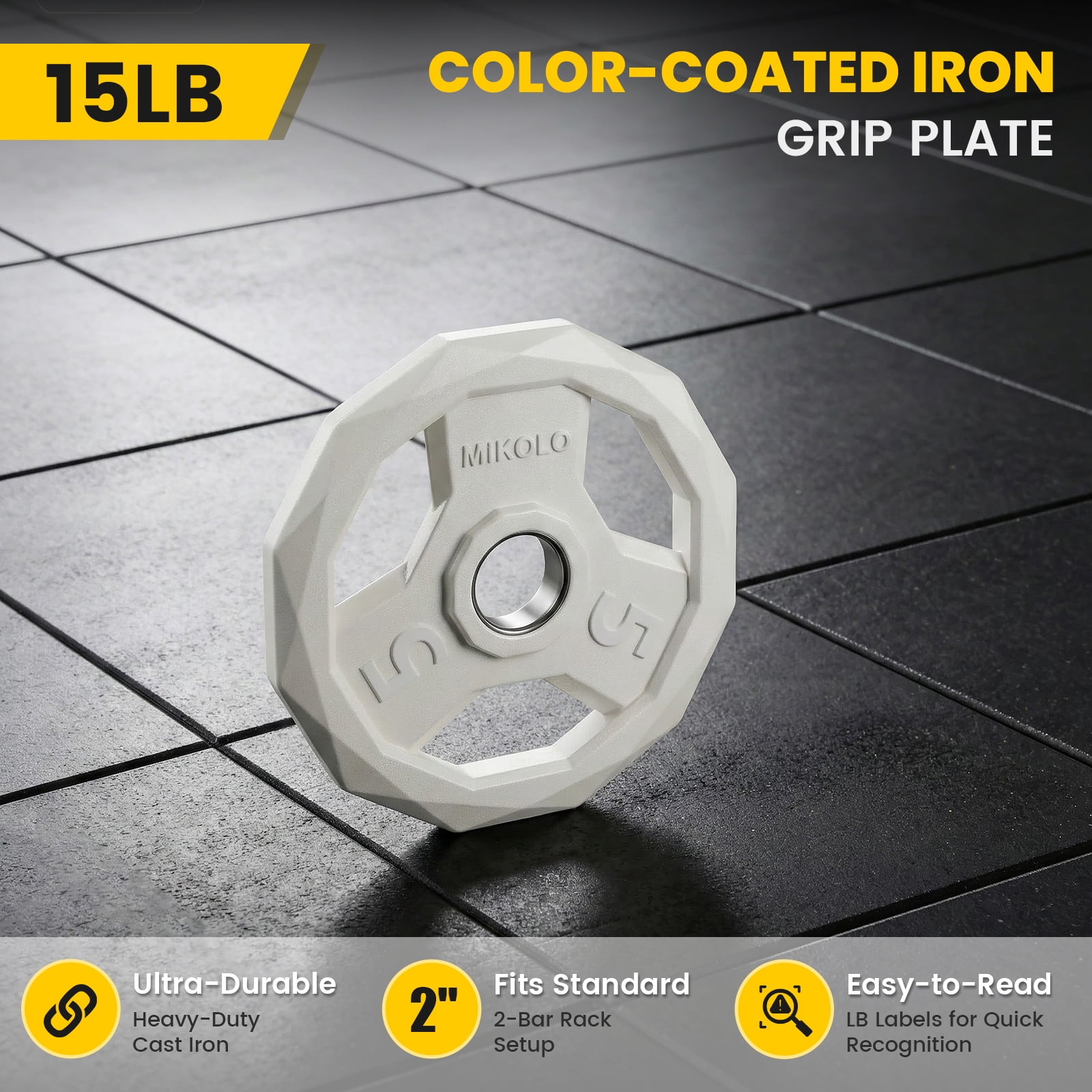 MIKOLO Color Coded Weight Plate 2-Inch Rubber Coated Olympic Grip Plate for Barbell, Solid Cast Iron for Strength Training, Weightlifting, Crossfit, Home Gym, 10LB, 5LB Pair
