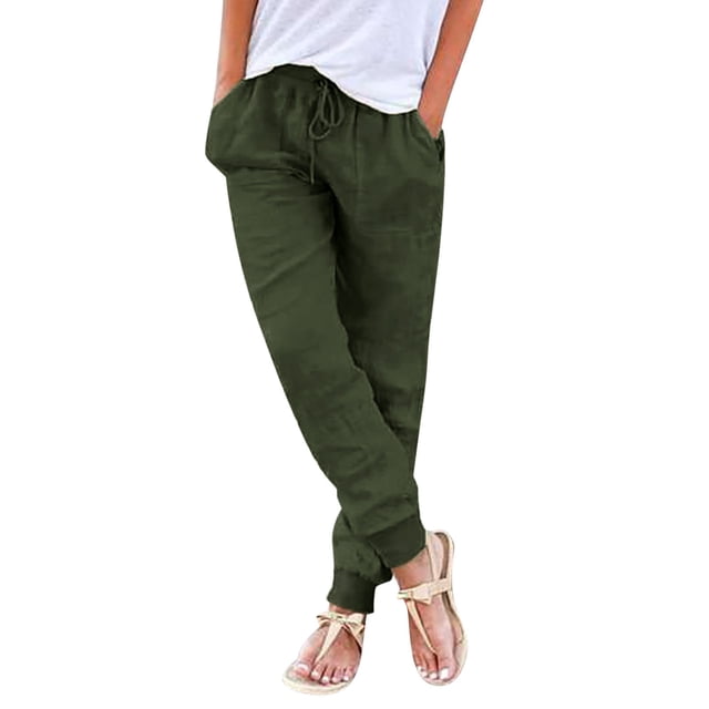 Pantalones de algodón y lino para mujer: cintura elástica con cordón, bolsillos laterales, pantalones informales, para todas las estaciones