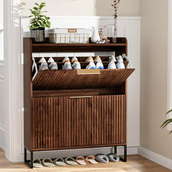 VINGLI Mid Century Modern Shoe Cabinet with 2 Flip Drawers, 31.5" Hidden Fluted Storage Organizer for Entryway, Freestanding Dark Walnut Shoe Rack