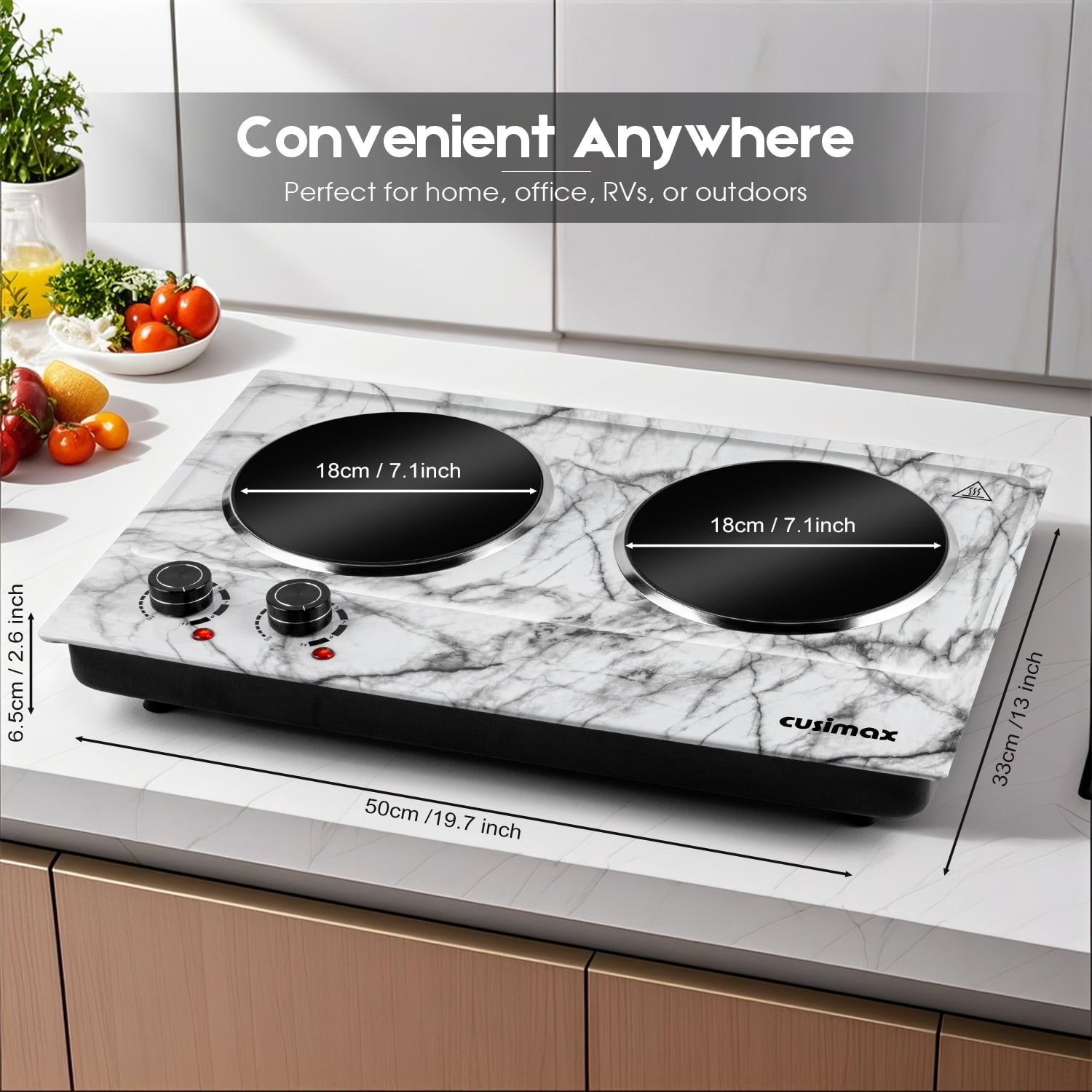 Cusimax 1800W Hot Plate While Marble Ceramic Cooktop Dual Infrared Burner