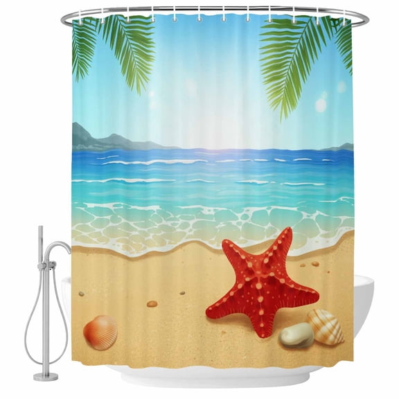 Summer Beach Shower Curtains for Bathroom, Waterproof Fabric Bath Curtains Decor, Bath Tub Curtain Coastal Red Starfish Conch Palm Seaside Decorative Shower Curtain Sets with 12 Hooks, 72x72 Inch