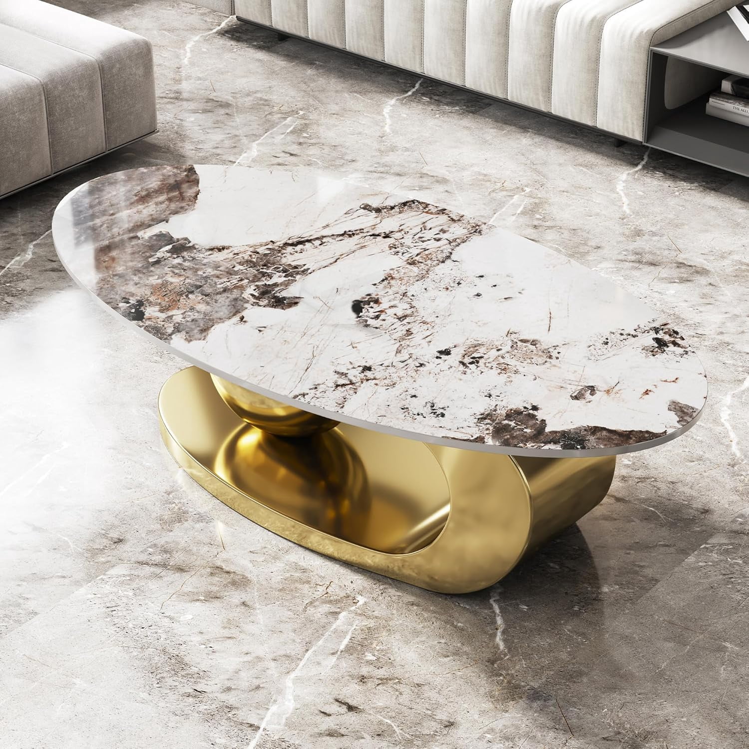 49.2" Modern Oval Marble Coffee Table – Gold Stainless Steel Base, Scratch-Resistant, Easy Assembly