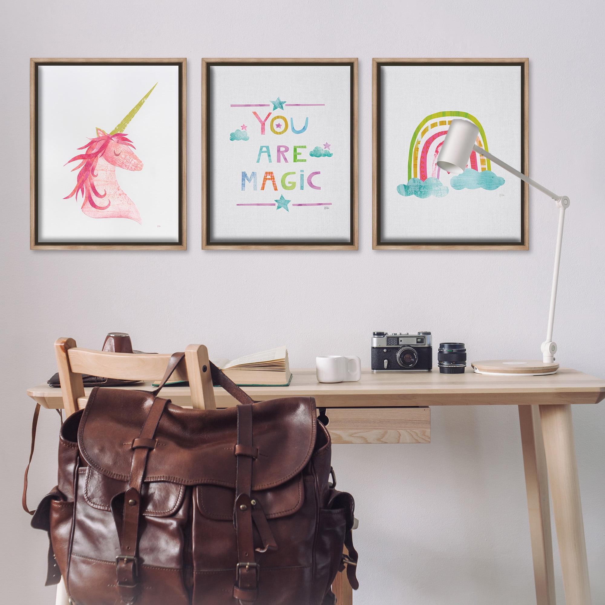 Stupell Industries You Are Magic Rainbow & Unicorn Art for Kids Painting Brown Floater Framed Canvas Art Print Wall Art, 25 x 31, Set of 3