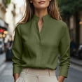 thumbnail image 2 of VBVC Women's Cotton Linen Stand Collar Blouse , Ladies' Long Sleeve Business Casual Office Shirt , V Notch Formal Work Tops For Women,Green,S-2XL, 2 of 7