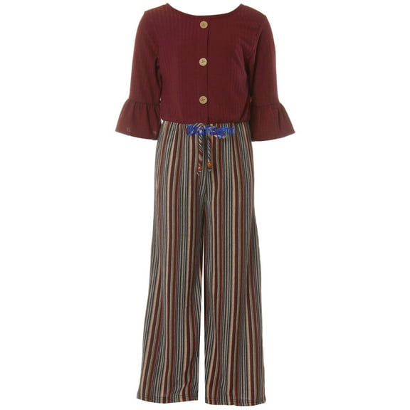 Little Girls Quarter Ruffle Sleeve Button Stripe Winter Fall Wide Leg Jumpsuit Wine 4 (2J1KS92)