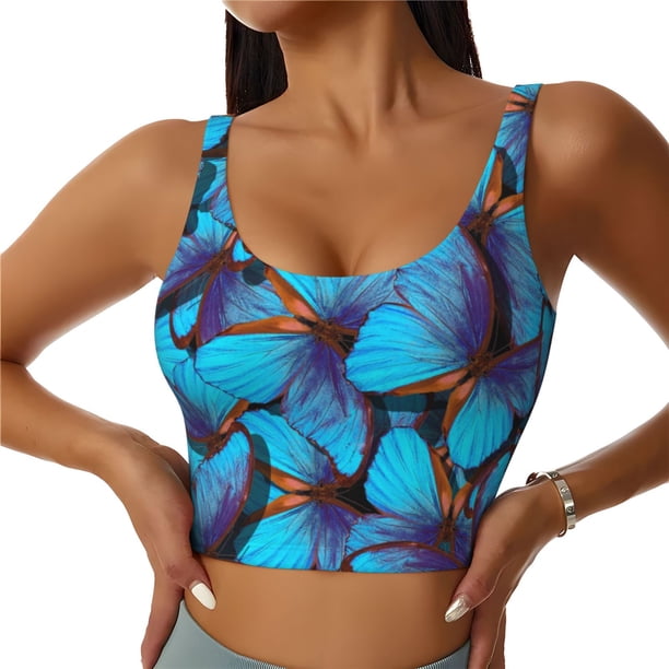 Balery Blue Butterflies Sujetadores deportivos con espalda cruzada para mujer, acolchados, sin costuras, de alto impacto, ideales para yoga, gimnasio, entrenamiento y fitness.-