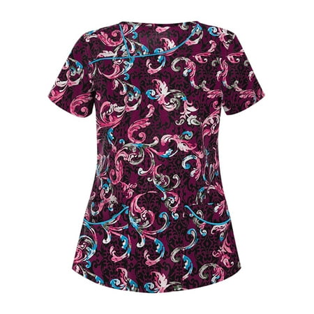 

Sexy Dance Casual Loose V-neck Scrub Tops Cute Butterfly Graphic Print Short Sleeve Tunic Blouse Top Summer Baggy Pocket Workear Tops