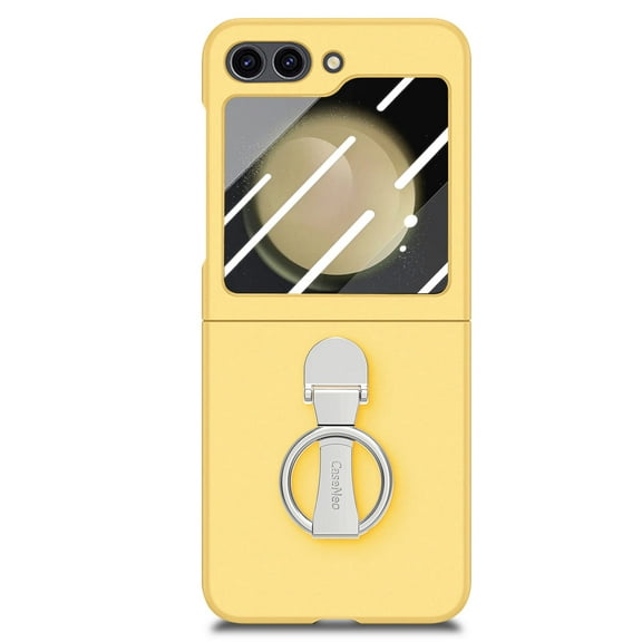 ELEHOLD Case for Samsung Galaxy Z Flip 7, 360° Ring Stand Shockproof Rigid Plastic Phone Case with Screen Protector,Yellow