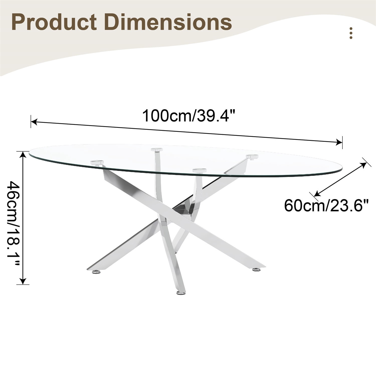 Hommoo Modern Oval Glass Coffee Table, 39.4" Tempered Glass Top with Antique Cross Legs, Living Room Side Table for Small Spaces, Sliver