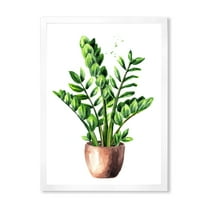 Designart 'Zamioculcas Tropical Plant With Green Leaves On White' Traditional Framed Art Print