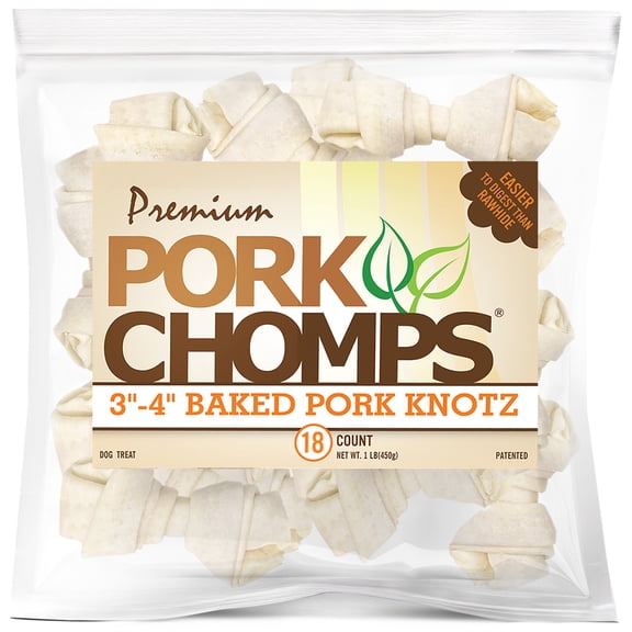 Pork Chomps Premium Rawhide-Free Baked Pork Knotz for Dogs, 3-4 inches, 18 Count