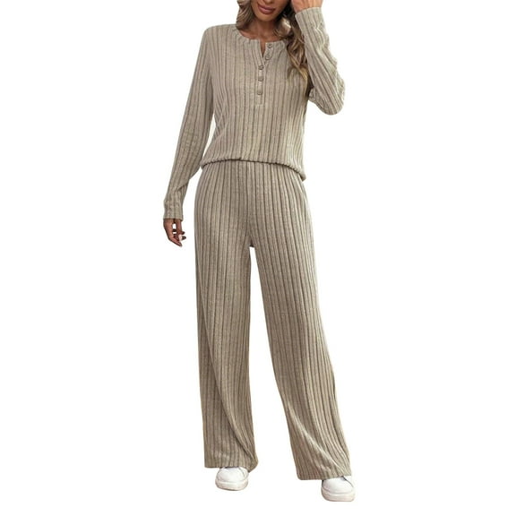 Enjoytime 2 Piece Outfits for Women Solid Color Long Sleeve Button Down Shirts Straight Pants Knitted Loungewear Casual Business Work Matching Sets Beige M